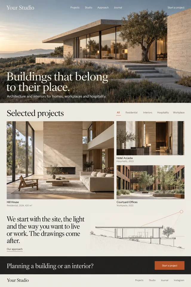 Section: a calm limestone homepage for an architecture studio with a large photo of a concrete and glass house, a selected projects grid, a section drawing and a terracotta call to action