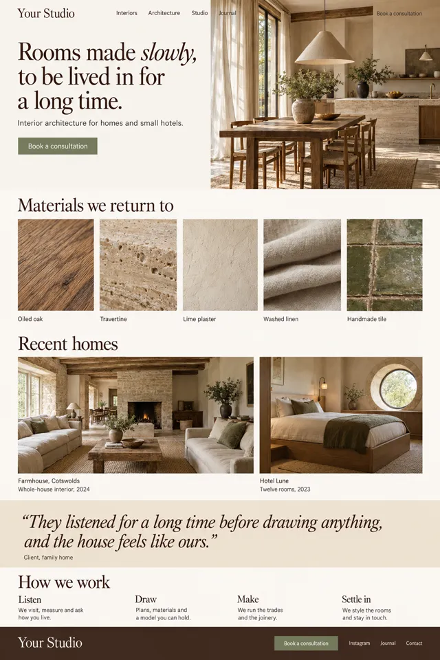 Atelier: a warm editorial homepage for an interior studio with a sunlit kitchen photo, a row of material close-ups, recent homes, a client quote and four short steps of work