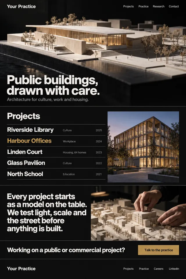 Model: a dark homepage for an architecture practice opening on a spotlit architectural model, a typographic project list with a photo of the active project and a brass call to action