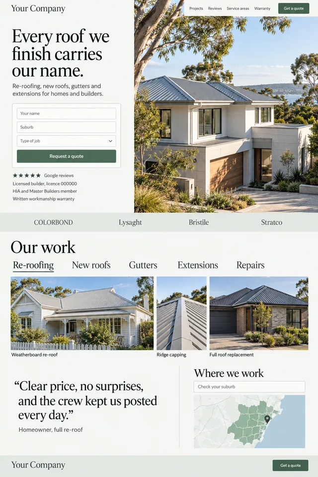 Morning light: a bright homepage with a serif headline, a short quote form next to a tall photo of a new home, a gallery sorted by job type and a service area map