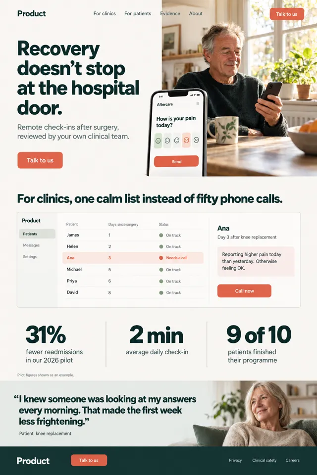 Aftercare: a warm homepage for a health-tech app with a photo of an older man at home holding a phone, a check-in screen, a clinic dashboard, three figures and a patient quote